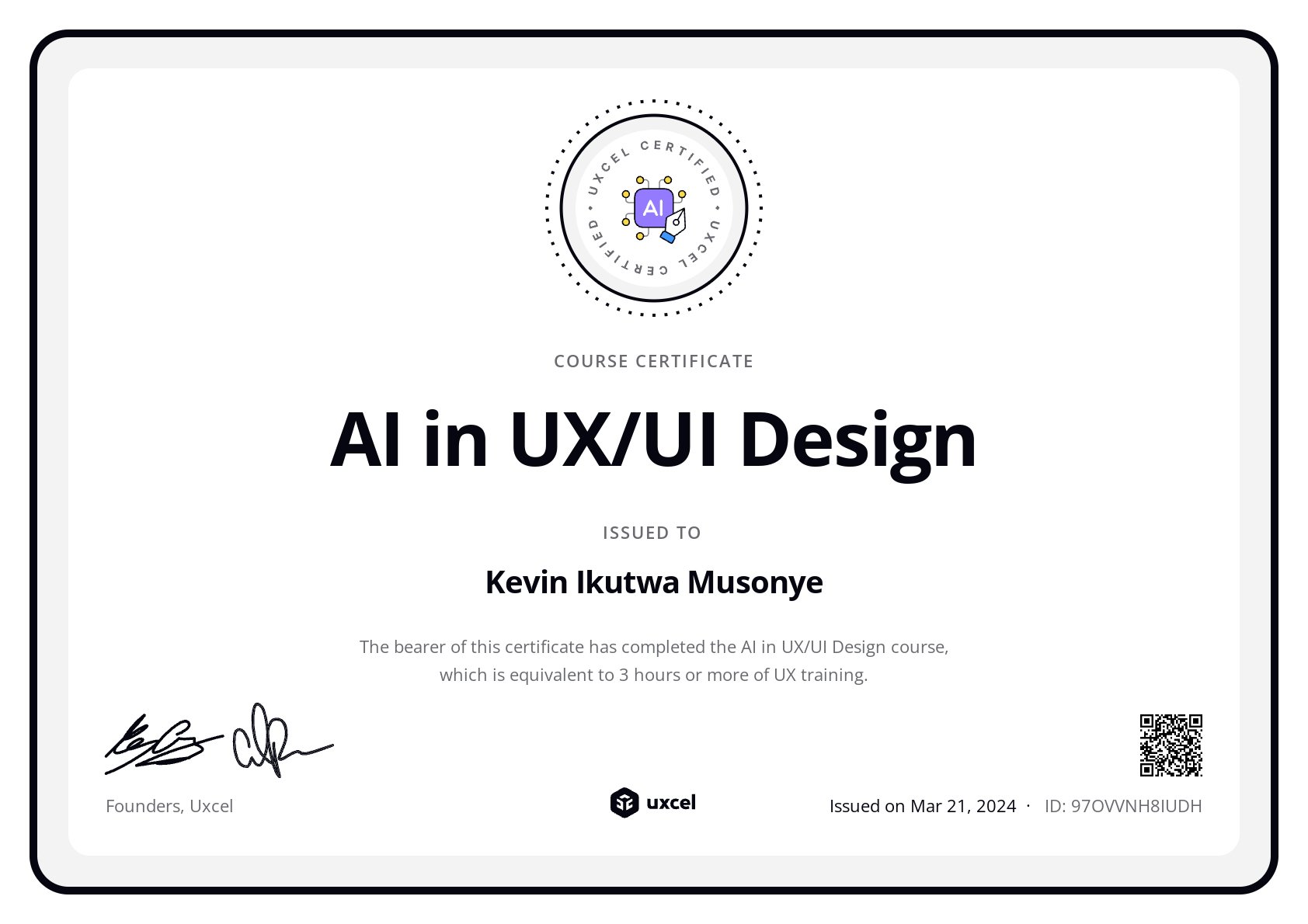 Kevin Musonye's certificate